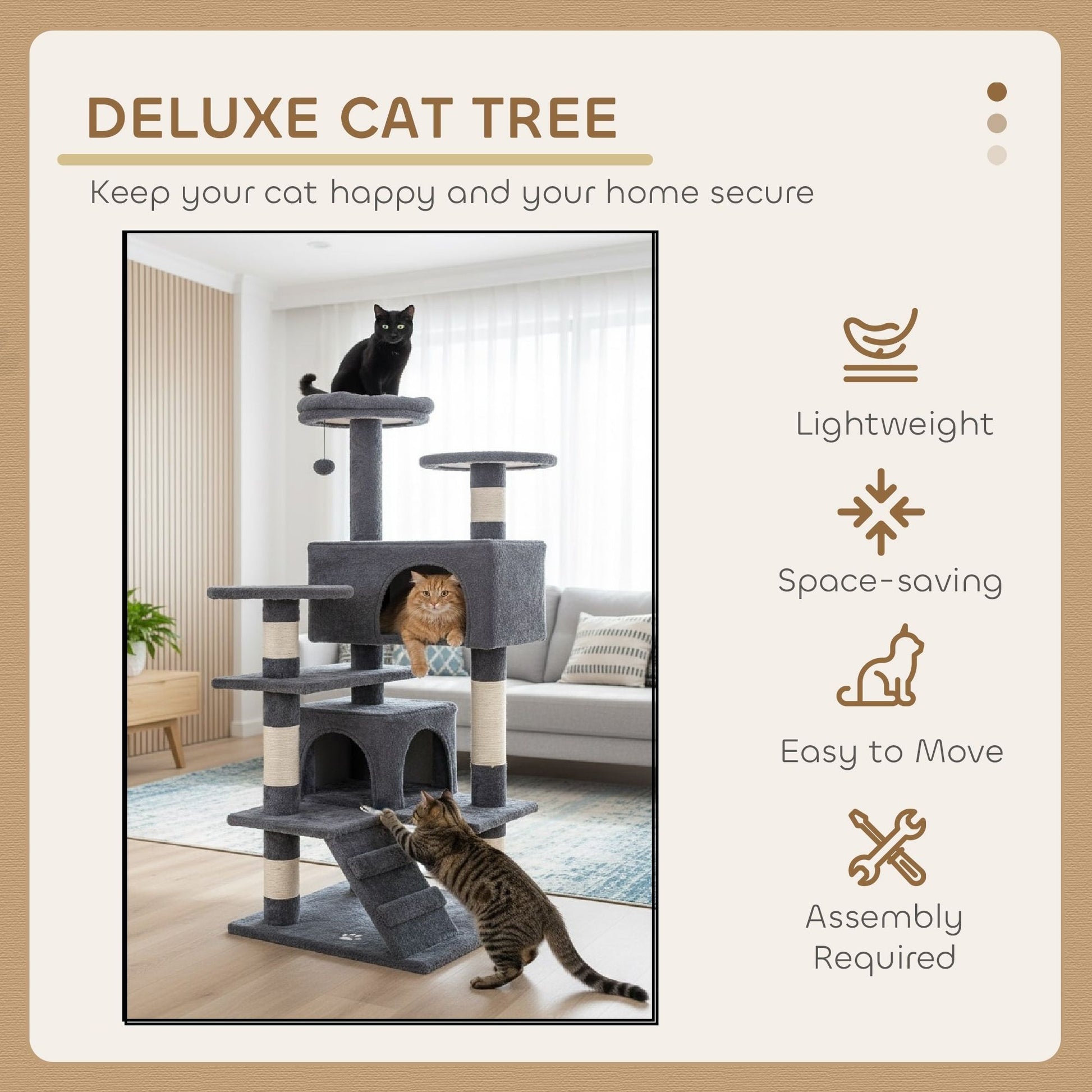 CARLA HOME 134cm Cat Tree Tower for Indoor Cats with Plush Perches, Dual Condos, Natural Sisal Scratching Posts & Ramp for Kittens & Adult Cats (Dark Grey) - Image 4