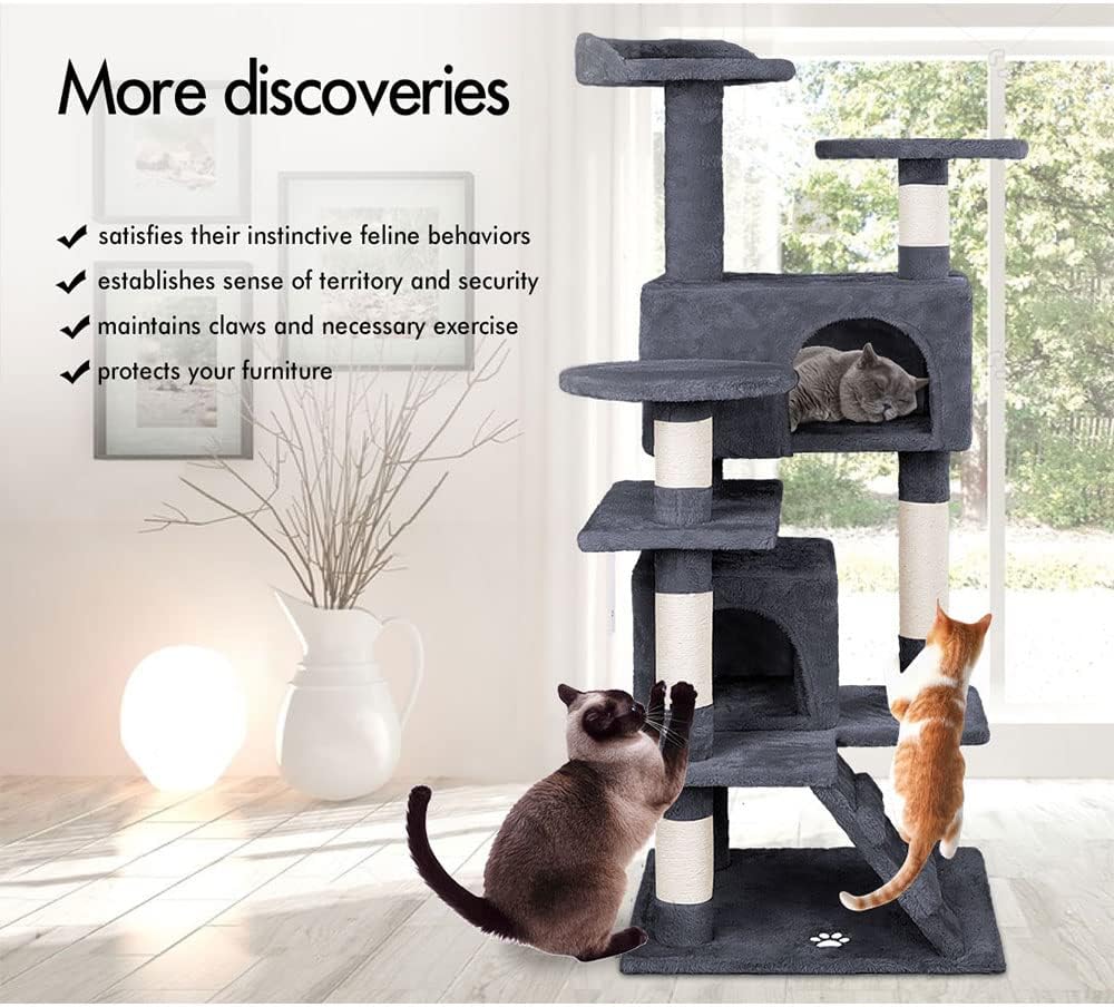 CARLA HOME 134cm Cat Tree Tower for Indoor Cats with Plush Perches, Dual Condos, Natural Sisal Scratching Posts & Ramp for Kittens & Adult Cats (Dark Grey) - Image 5