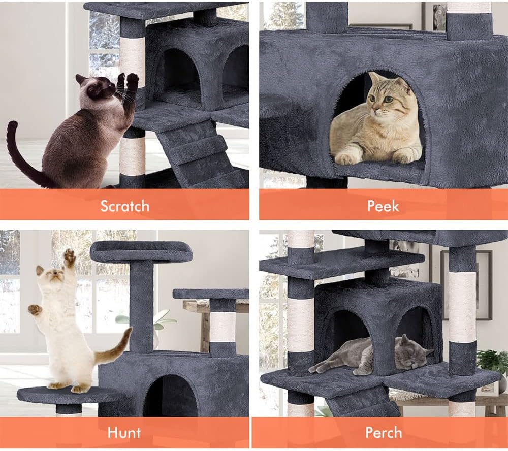 CARLA HOME 134cm Cat Tree Tower for Indoor Cats with Plush Perches, Dual Condos, Natural Sisal Scratching Posts & Ramp for Kittens & Adult Cats (Dark Grey) - Image 6