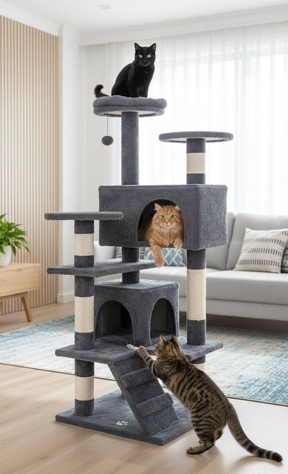 CARLA HOME 134cm Cat Tree Tower for Indoor Cats with Plush Perches, Dual Condos, Natural Sisal Scratching Posts & Ramp for Kittens & Adult Cats (Dark Grey) - Image 9