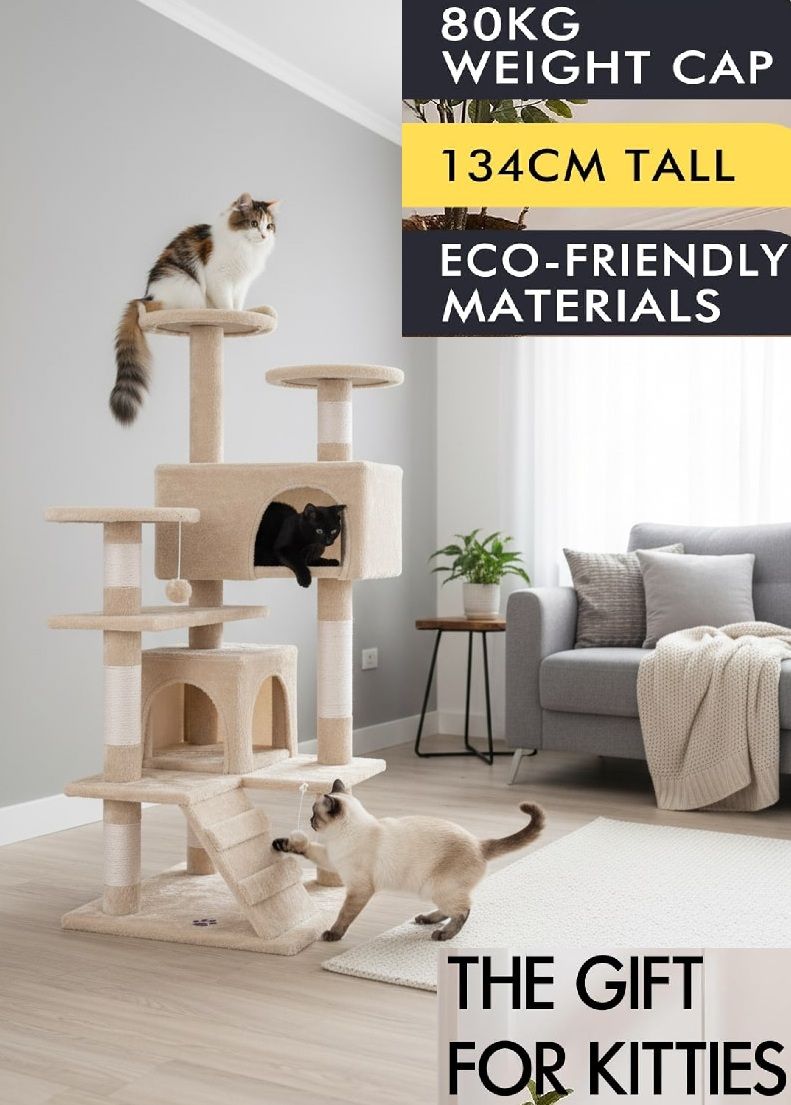 CARLA HOME 134cm Cat Tree Tower for Indoor Cats with Plush Perches, Dual Condos, Natural Sisal Scratching Posts & Ramp for Kittens & Adult Cats (Beige) - Image 2