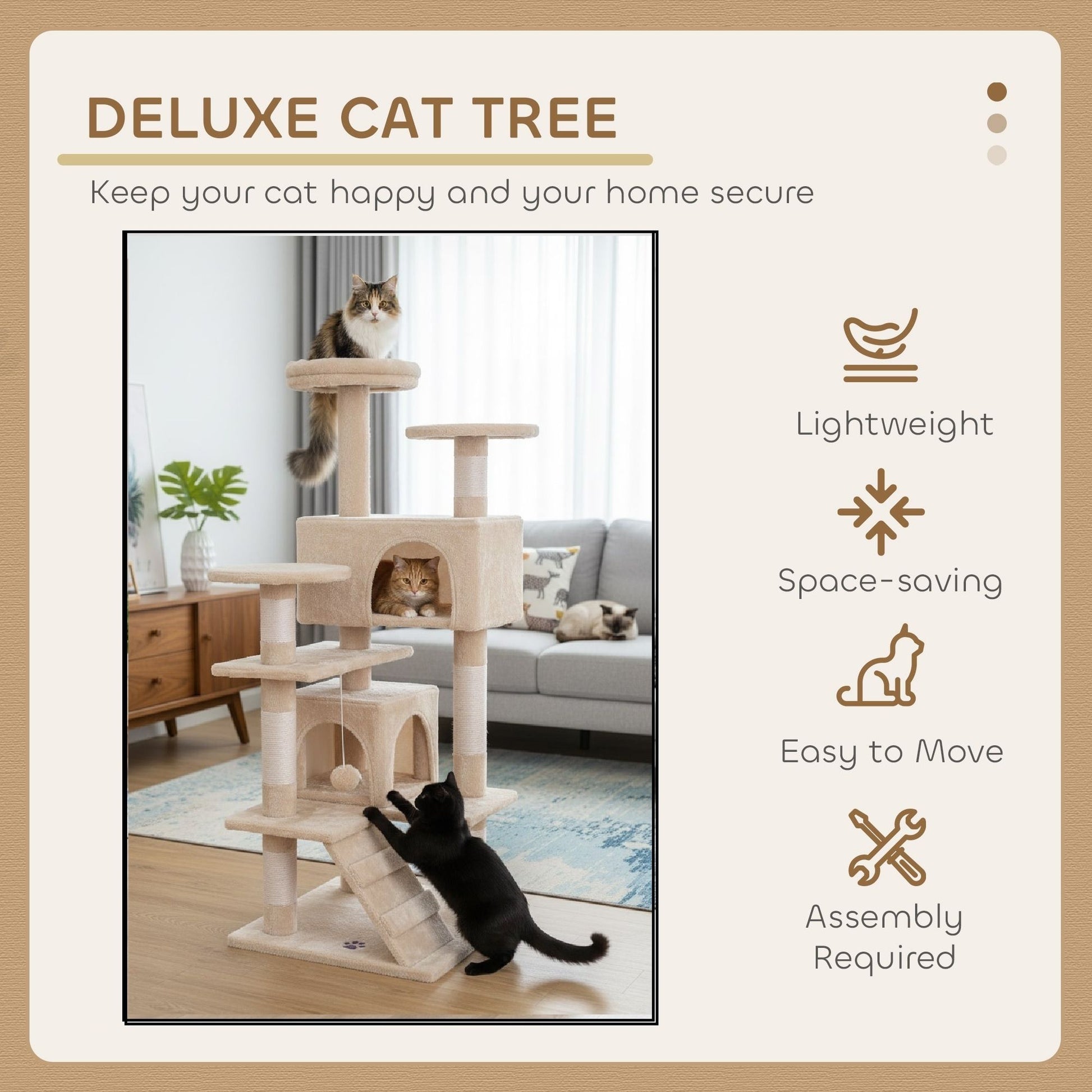 CARLA HOME 134cm Cat Tree Tower for Indoor Cats with Plush Perches, Dual Condos, Natural Sisal Scratching Posts & Ramp for Kittens & Adult Cats (Beige) - Image 4
