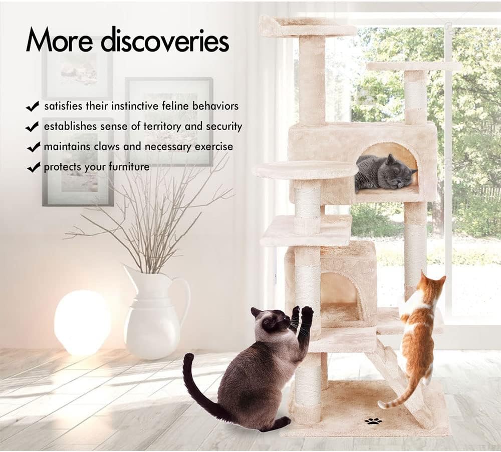 CARLA HOME 134cm Cat Tree Tower for Indoor Cats with Plush Perches, Dual Condos, Natural Sisal Scratching Posts & Ramp for Kittens & Adult Cats (Beige) - Image 5