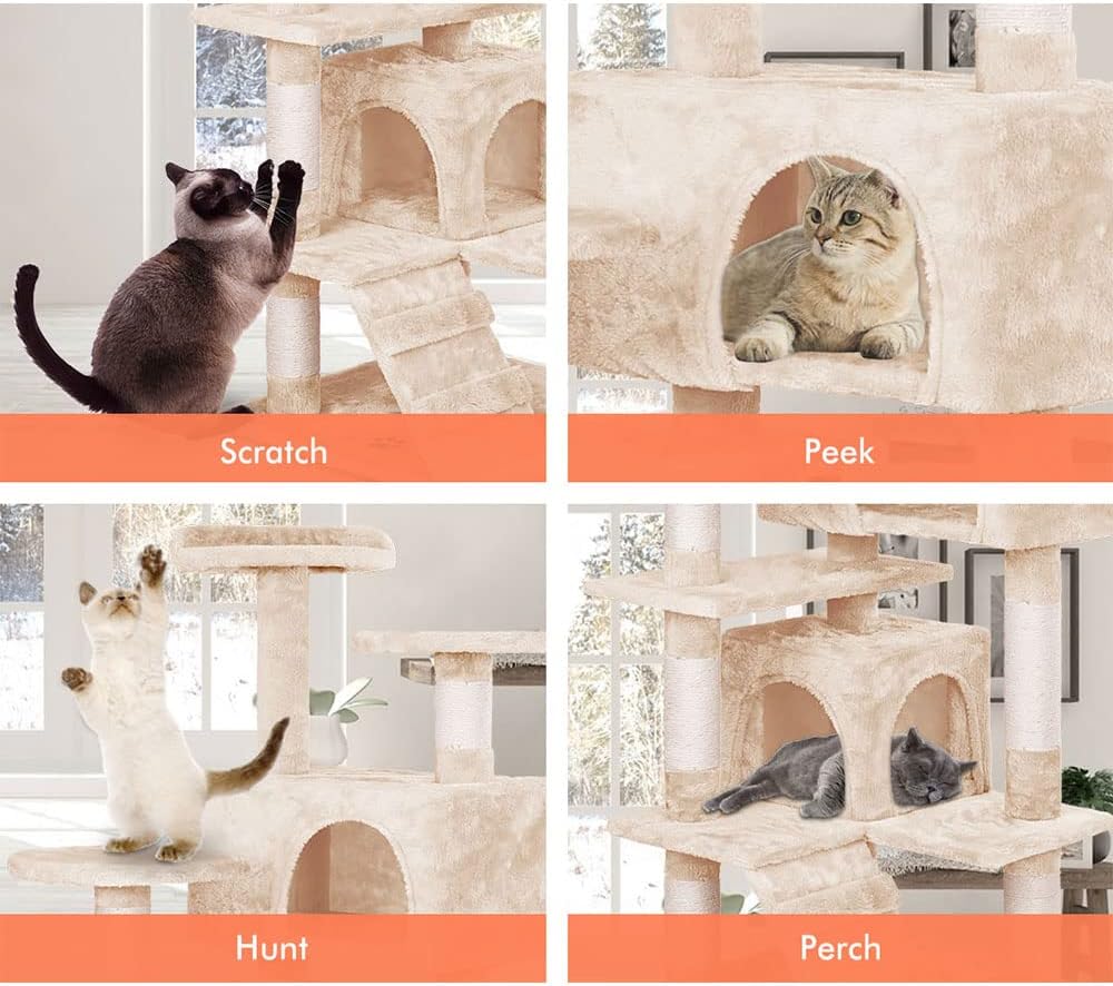 CARLA HOME 134cm Cat Tree Tower for Indoor Cats with Plush Perches, Dual Condos, Natural Sisal Scratching Posts & Ramp for Kittens & Adult Cats (Beige) - Image 6