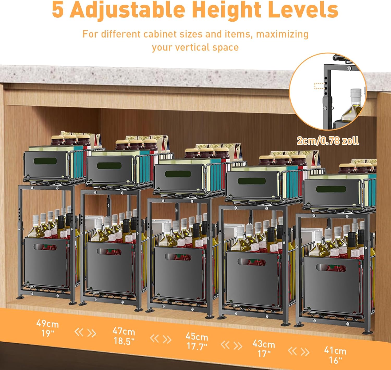 CARLA HOME 2-Tier Under Sink Organizer with Sliding Drawers & Height Adjustable for Kitchen Bathroom Cabinet Organization - Image 3