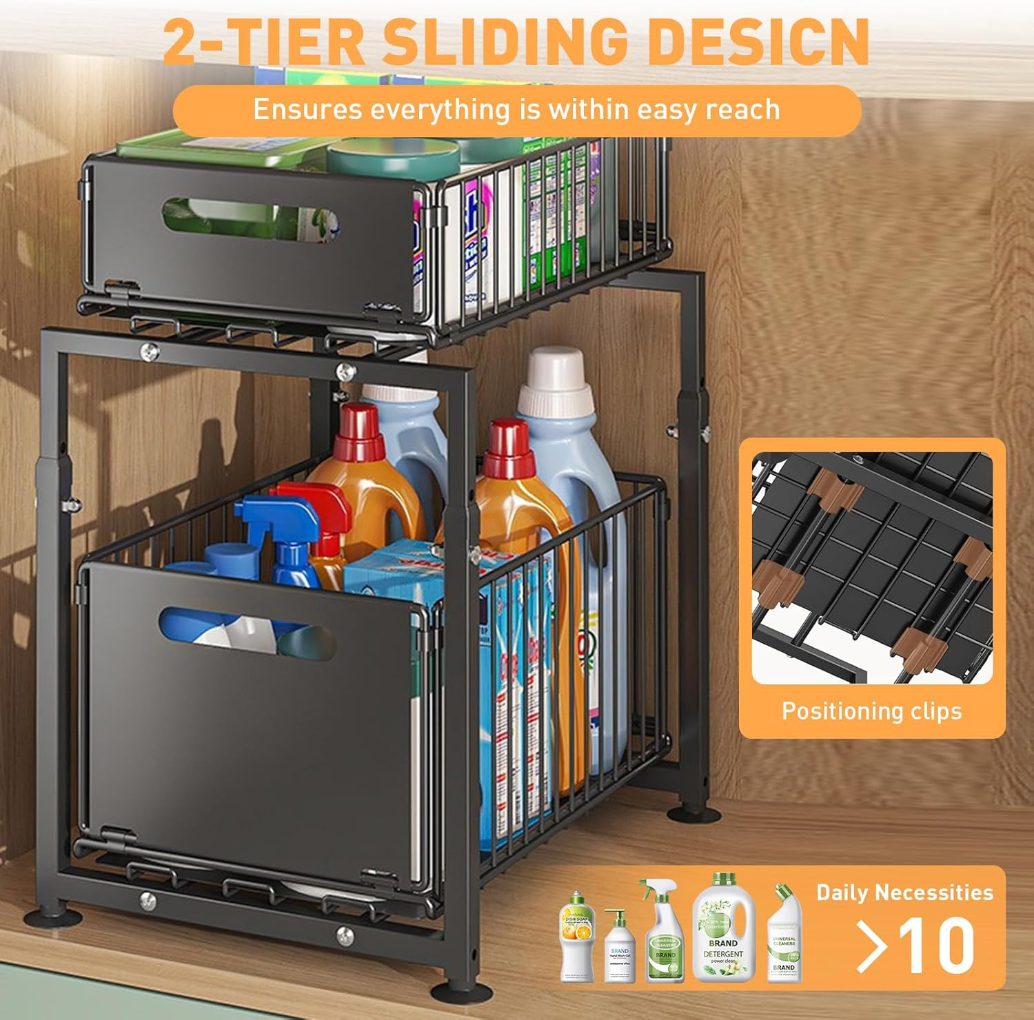 CARLA HOME 2-Tier Under Sink Organizer with Sliding Drawers & Height Adjustable for Kitchen Bathroom Cabinet Organization - Image 5