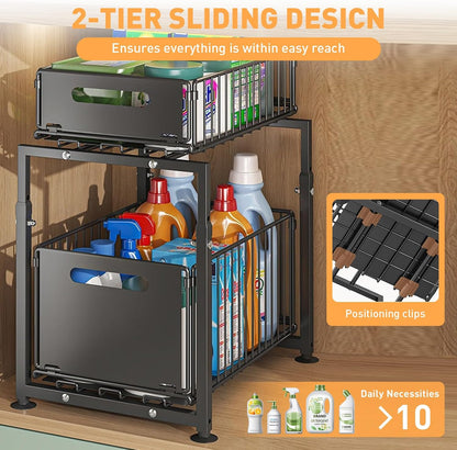 CARLA HOME 2-Tier Under Sink Organizer with Sliding Drawers & Height Adjustable for Kitchen Bathroom Cabinet Organization - Image 5