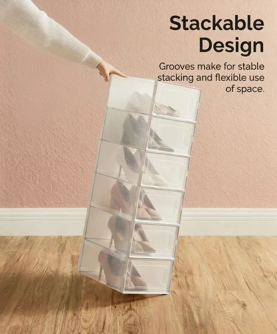 CARLA HOME 6-Pack Clear Stackable Shoe Storage Boxes - White - Shoe Box Storage - Image 7