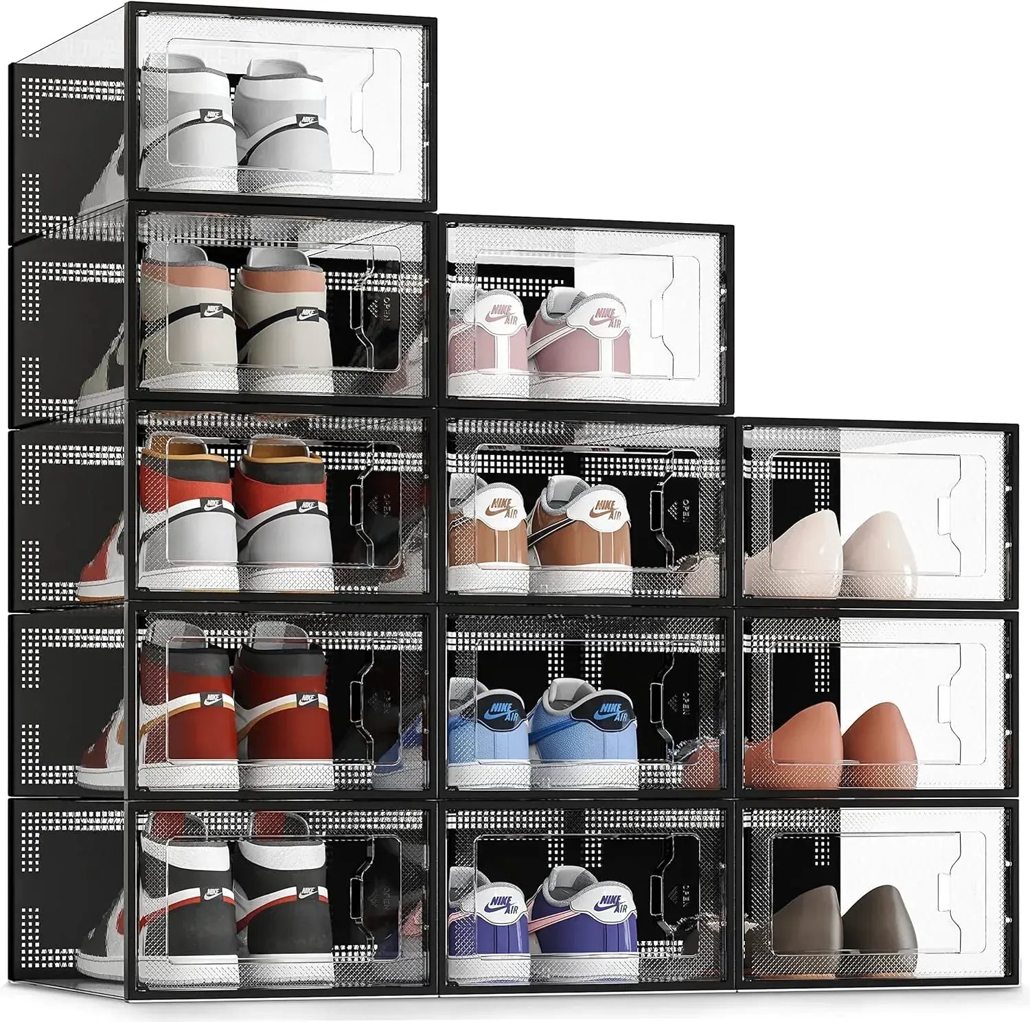 CARLA HOME 12-Pack Clear Stackable Shoe Storage Boxes - Black - Shoe Box Storage