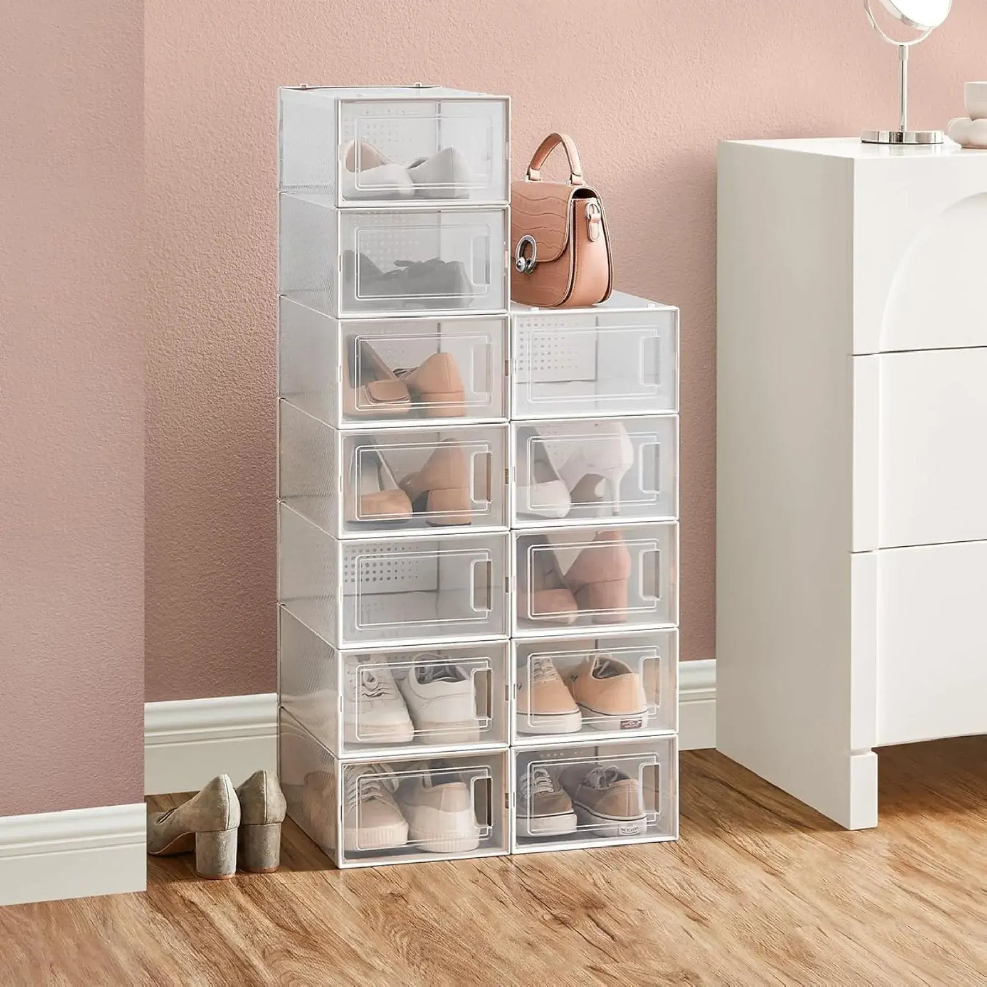 CARLA HOME 12-Pack Clear Stackable Shoe Storage Boxes - White - Shoe Box Storage - Image 2
