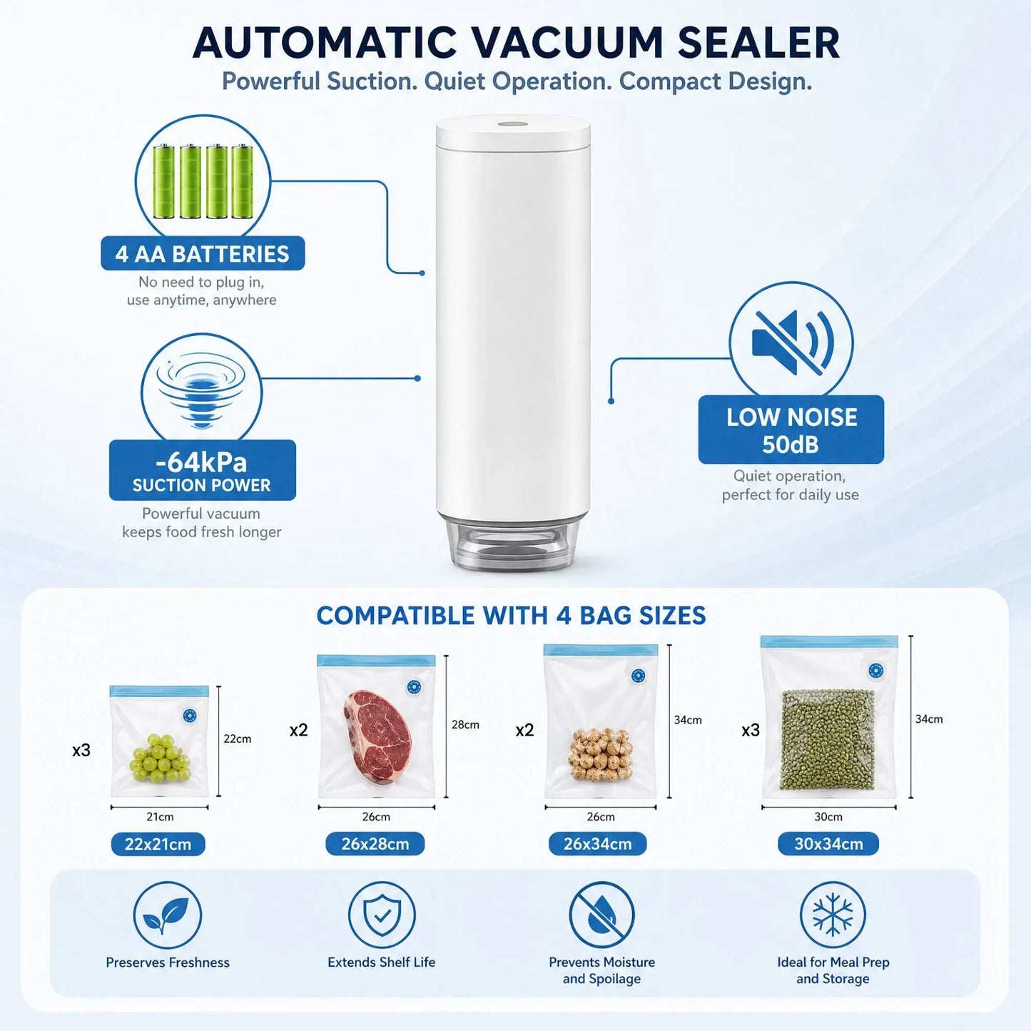 CARLA HOME Automatic Vacuum Sealer Kit - 10 Reusable Bags - White - Food Vacuum Set - Image 3