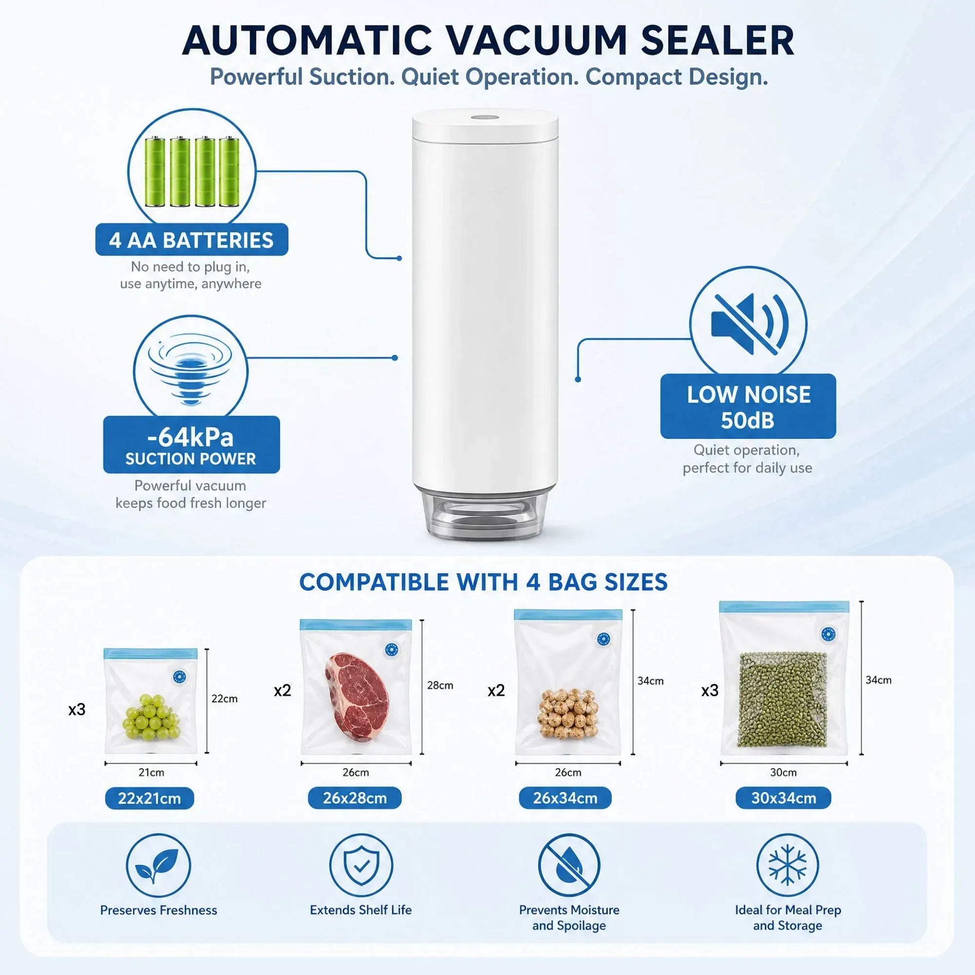 CARLA HOME Automatic Vacuum Sealer Kit - 10 Reusable Bags - White - Food Vacuum Set - Image 3