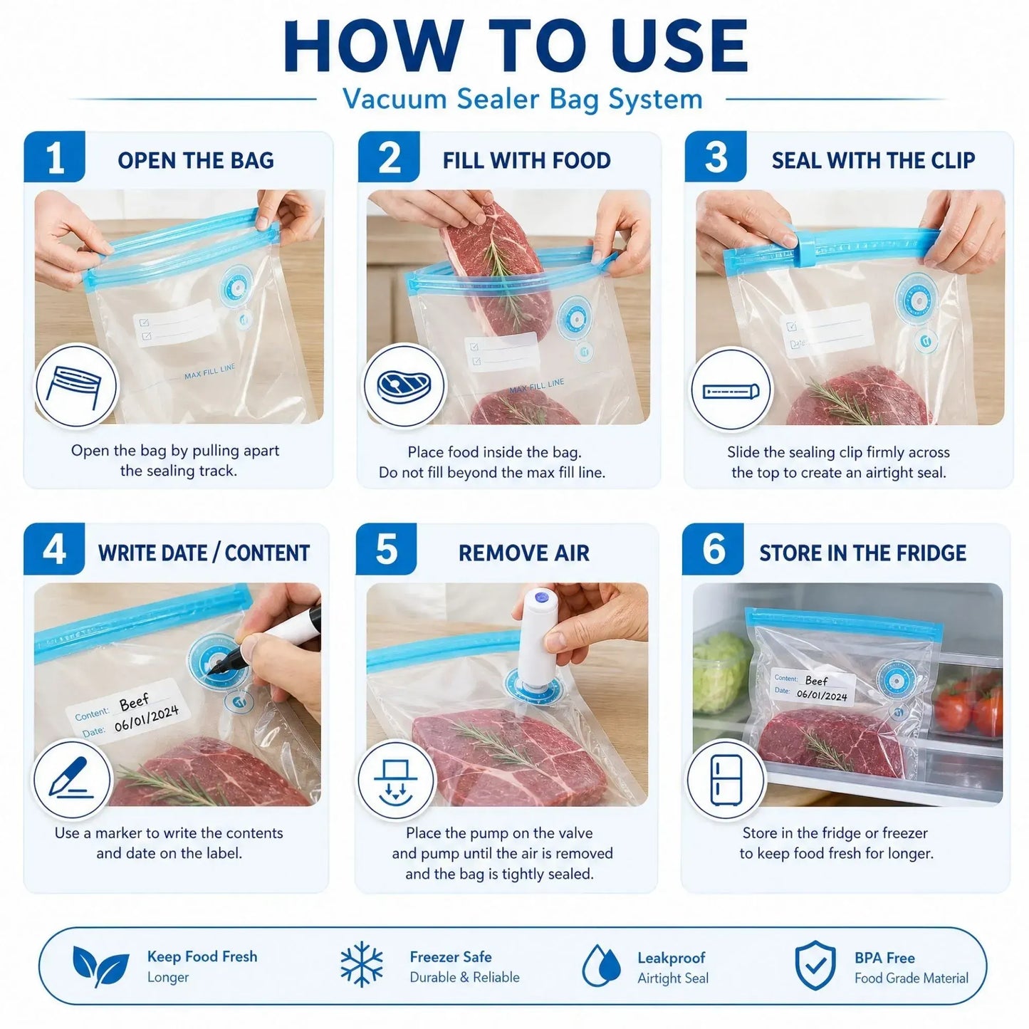 CARLA HOME Automatic Vacuum Sealer Kit - 10 Reusable Bags - White - Food Vacuum Set - Image 7