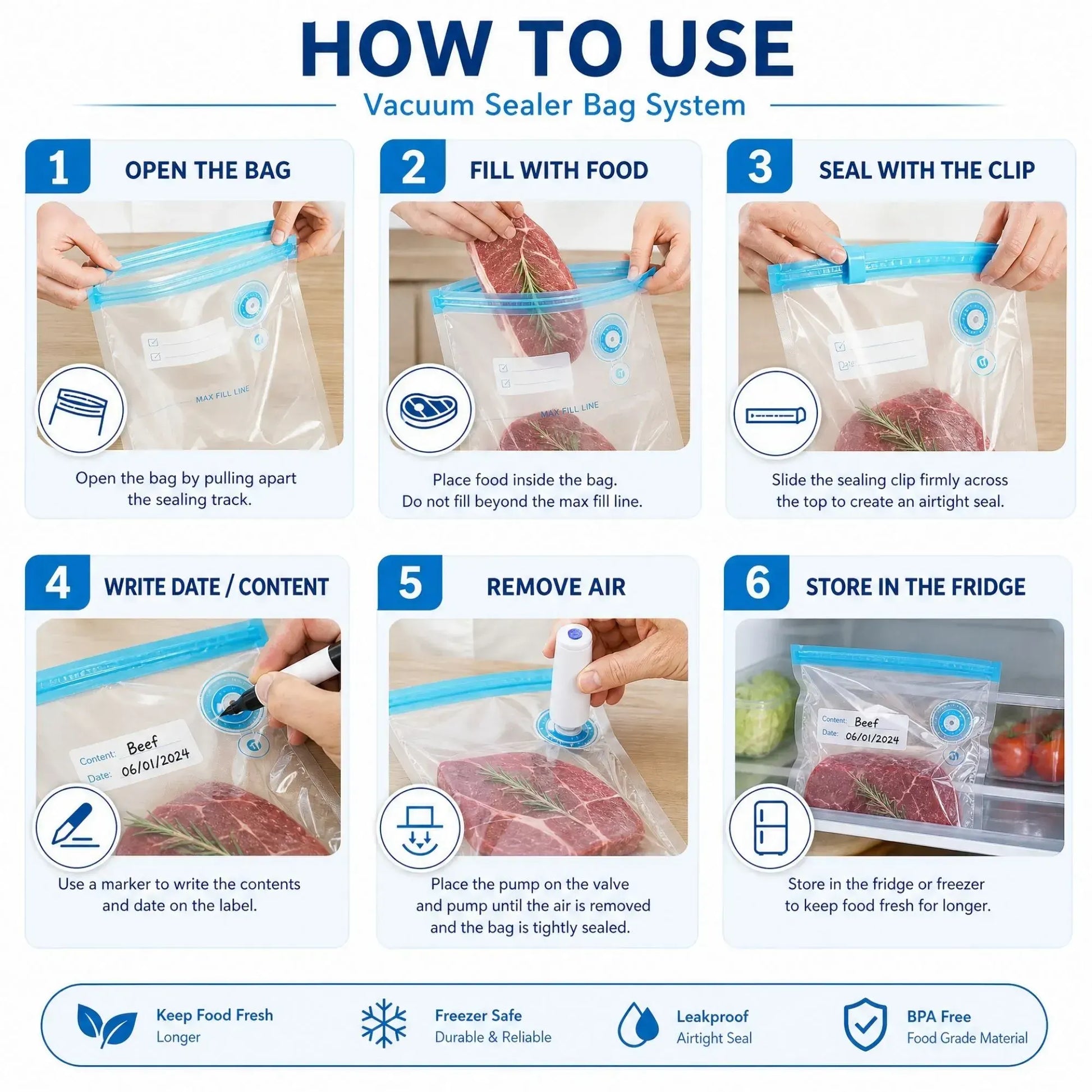 CARLA HOME Automatic Vacuum Sealer Kit - 10 Reusable Bags - White - Food Vacuum Set - Image 7