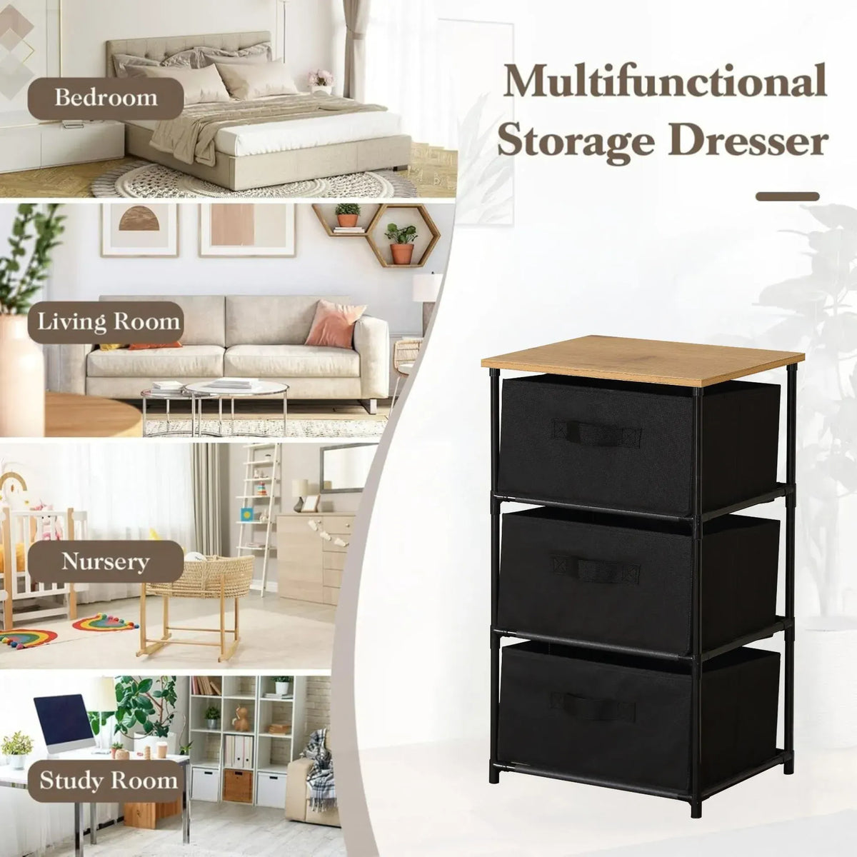 CARLA HOME 3 Drawer Fabric Storage Dresser - Steel Frame - Black - Storage Rack - Rustic - Image 5
