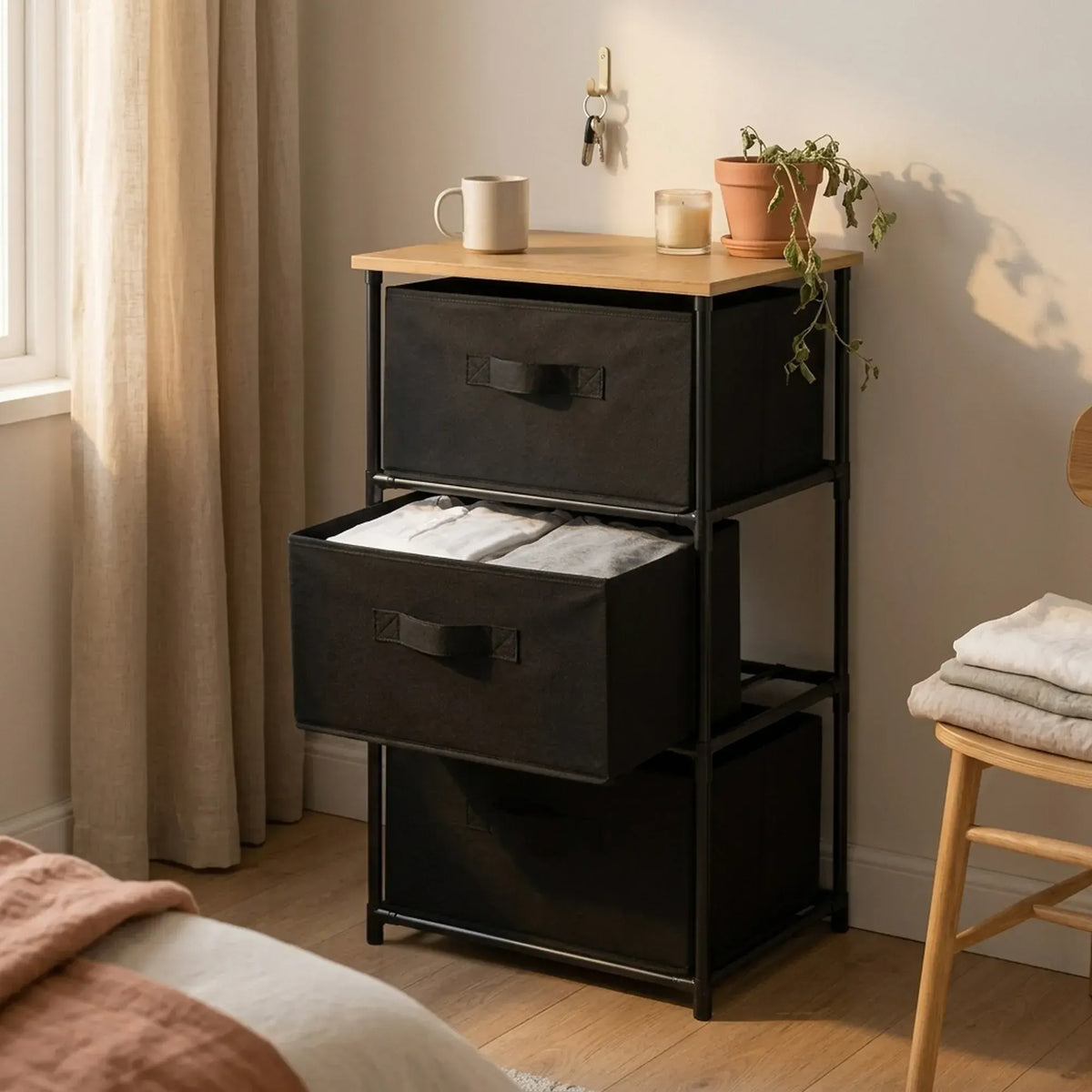 CARLA HOME 3 Drawer Fabric Storage Dresser - Steel Frame - Black - Storage Rack - Rustic - Image 6