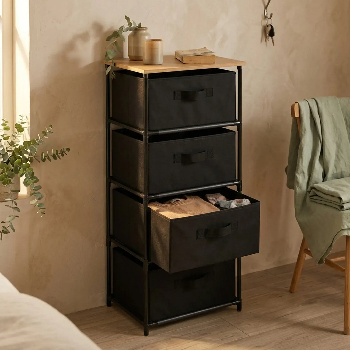CARLA HOME 4 Drawer Fabric Storage Dresser - Steel Frame - Black - Storage Rack - Rustic - Image 2