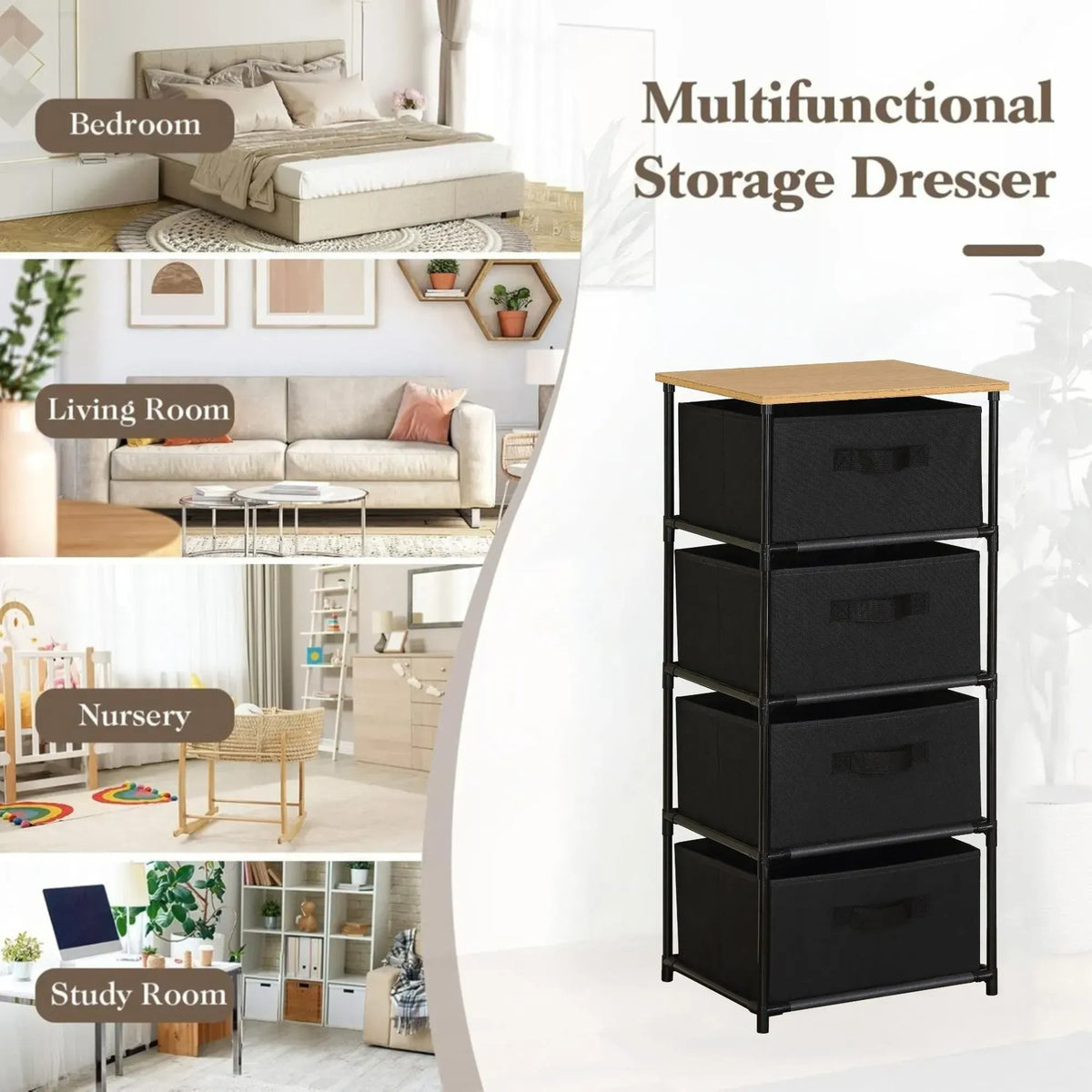 CARLA HOME 4 Drawer Fabric Storage Dresser - Steel Frame - Black - Storage Rack - Rustic - Image 5