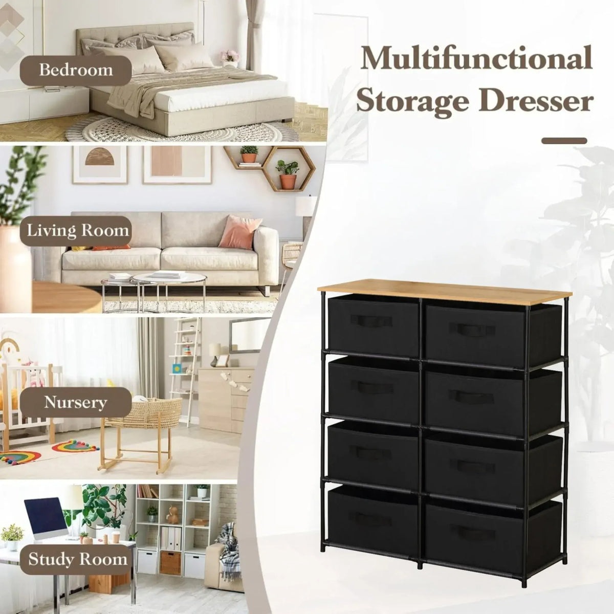 CARLA HOME 8 Drawer Fabric Storage Dresser - Steel Frame - Black - Storage Rack - Rustic - Image 4