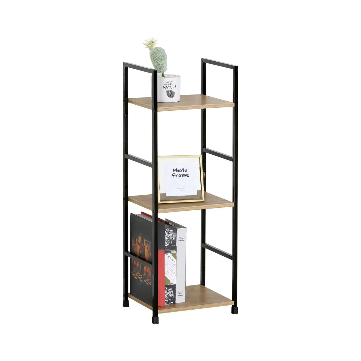 CARLA HOME 3 Tier Bookshelf - Wood Metal Display Shelf - Brown - Rustic - Steel - Living Room Office