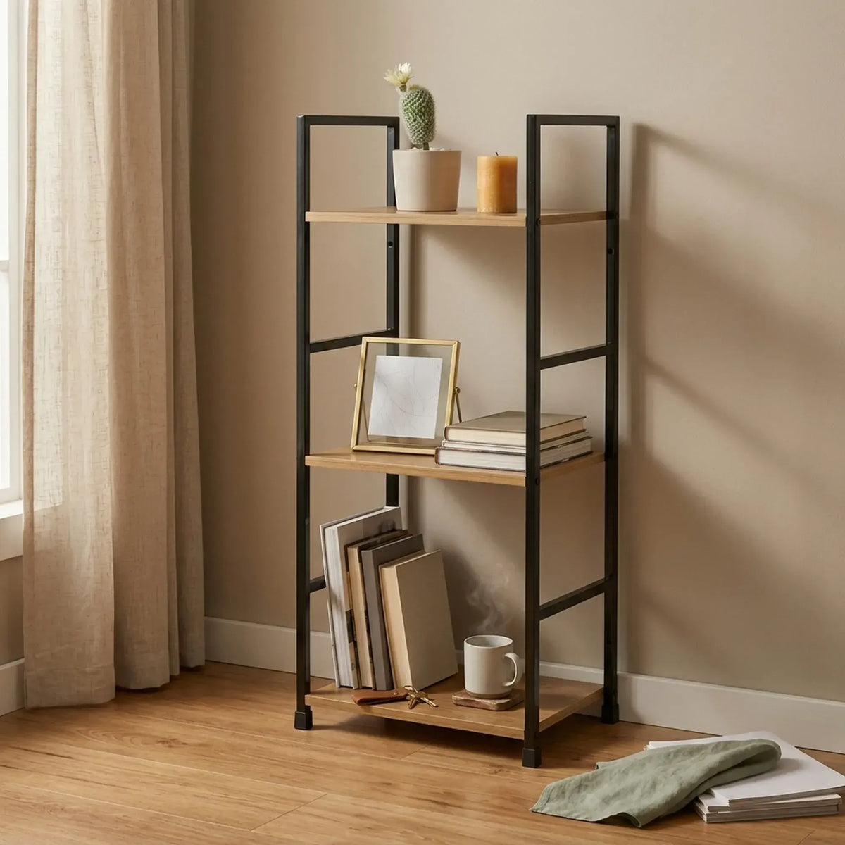 CARLA HOME 3 Tier Bookshelf - Wood Metal Display Shelf - Brown - Rustic - Steel - Living Room Office - Image 2
