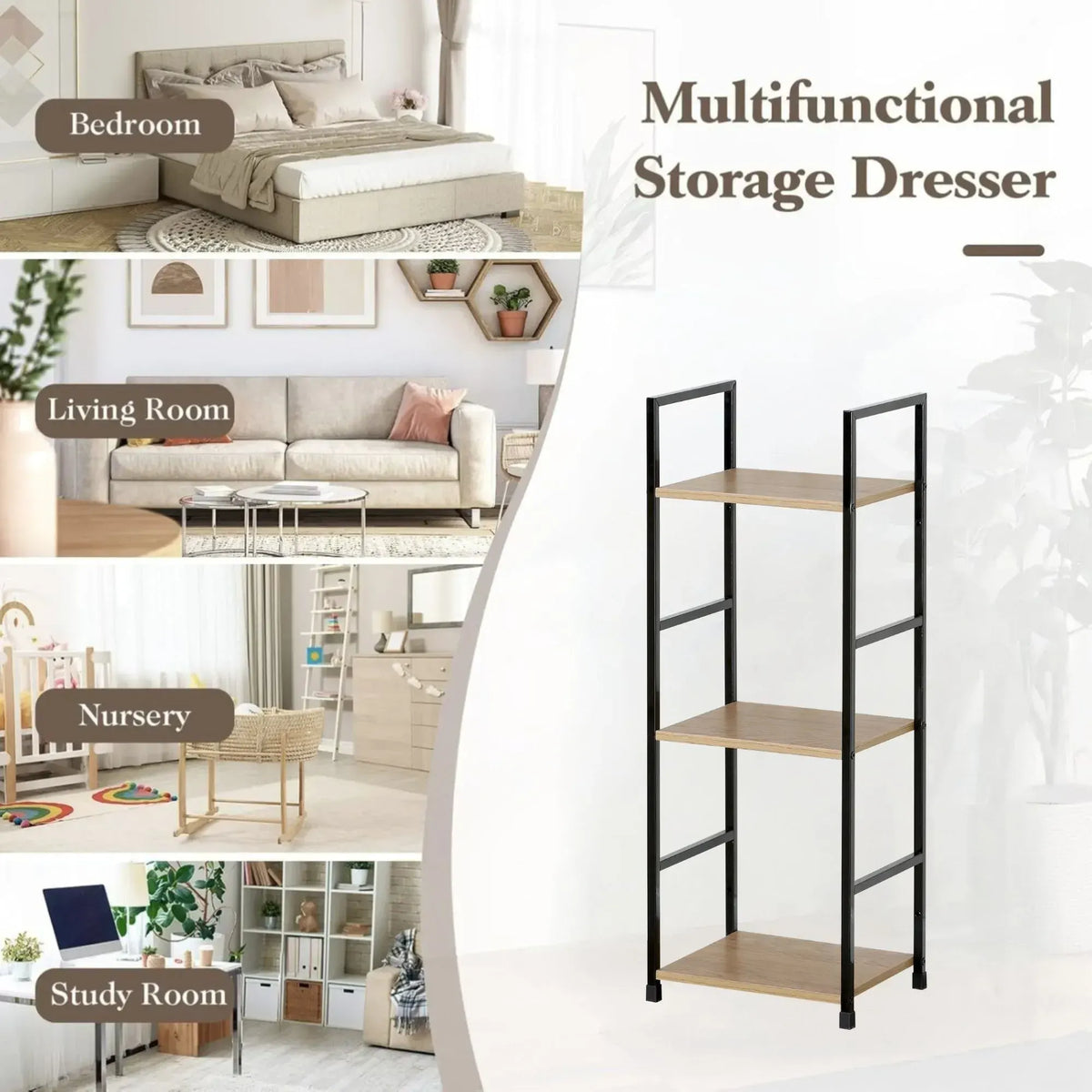 CARLA HOME 3 Tier Bookshelf - Wood Metal Display Shelf - Brown - Rustic - Steel - Living Room Office - Image 4