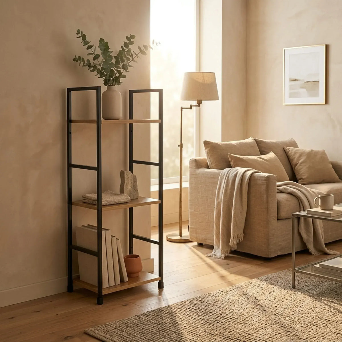 CARLA HOME 3 Tier Bookshelf - Wood Metal Display Shelf - Brown - Rustic - Steel - Living Room Office - Image 5
