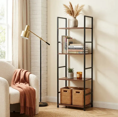 CARLA HOME 4 Tier Bookshelf - Wood Metal Display Shelf - Brown - Rustic - Steel - Living Room Office - Image 2
