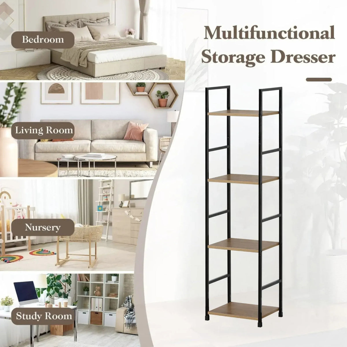 CARLA HOME 4 Tier Bookshelf - Wood Metal Display Shelf - Brown - Rustic - Steel - Living Room Office - Image 4