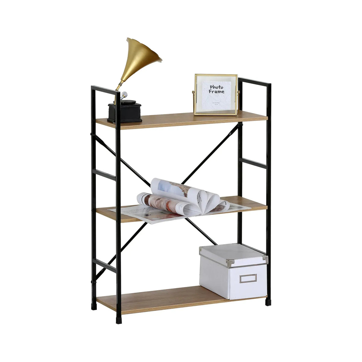 CARLA HOME 3 Tier Bookshelf - Industrial Display Shelf - Brown - Rustic - Steel - Living Room Office