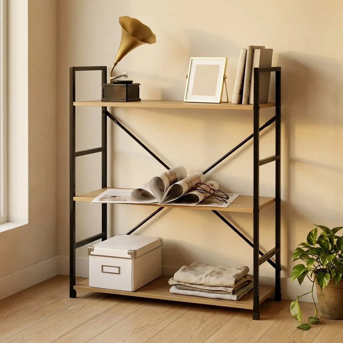 CARLA HOME 3 Tier Bookshelf - Industrial Display Shelf - Brown - Rustic - Steel - Living Room Office - Image 2