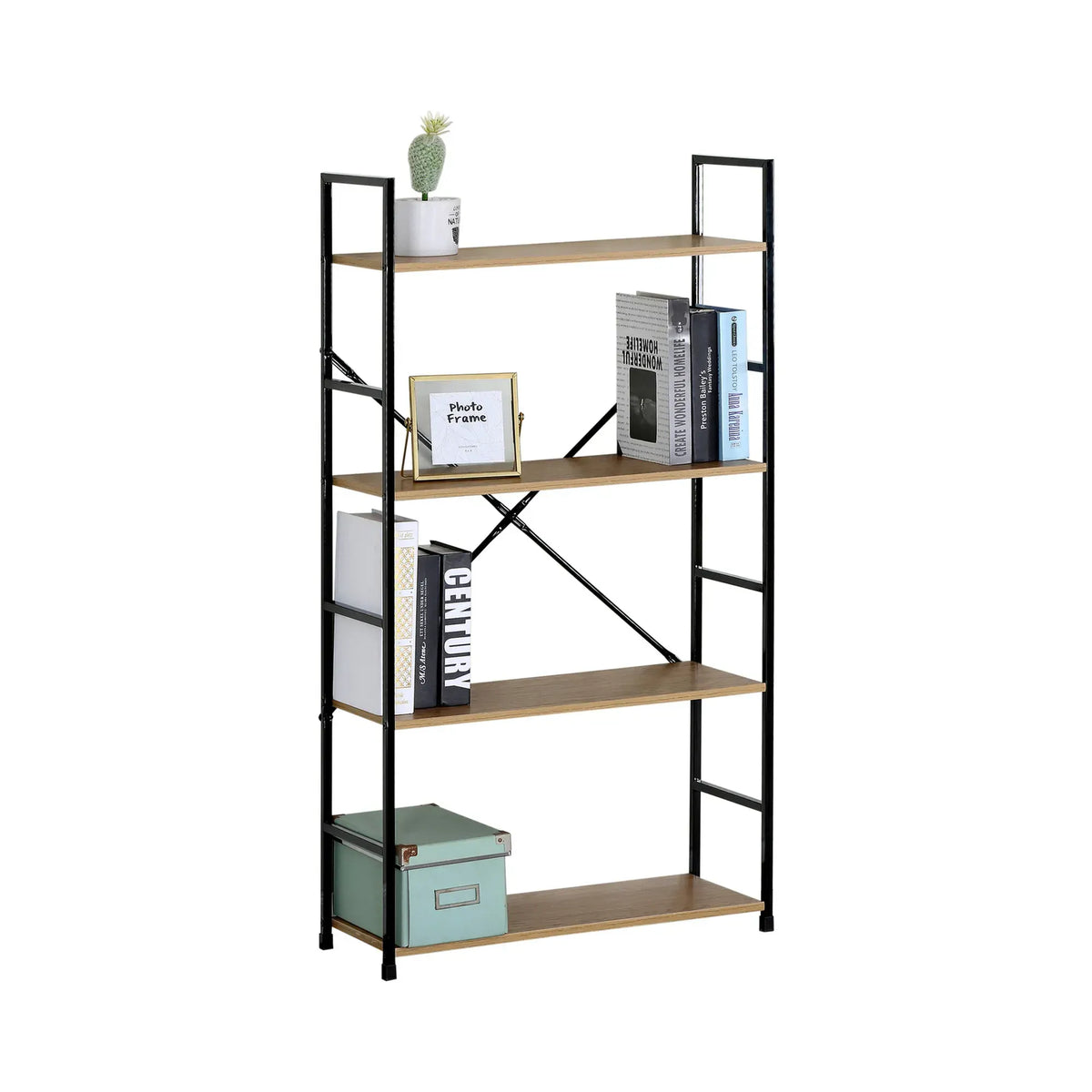 CARLA HOME 4 Tier Bookshelf - Industrial Display Shelf - Brown - Rustic - Steel - Living Room Office
