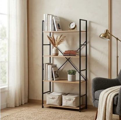 CARLA HOME 4 Tier Bookshelf - Industrial Display Shelf - Brown - Rustic - Steel - Living Room Office - Image 2