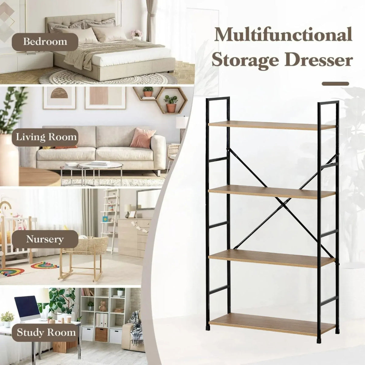 CARLA HOME 4 Tier Bookshelf - Industrial Display Shelf - Brown - Rustic - Steel - Living Room Office - Image 4
