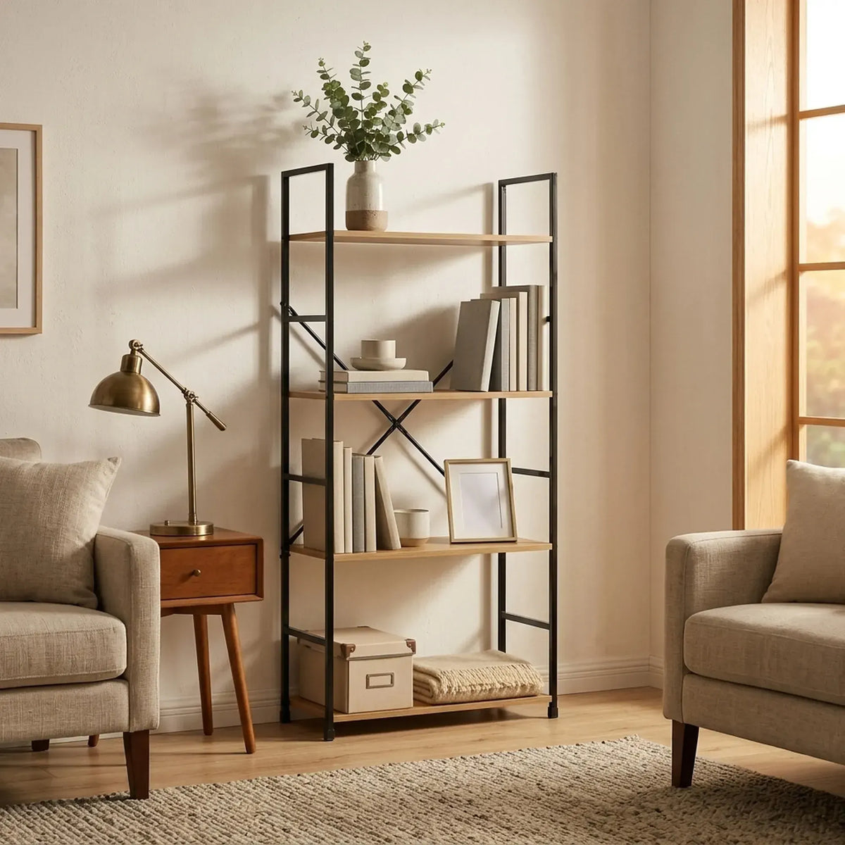 CARLA HOME 4 Tier Bookshelf - Industrial Display Shelf - Brown - Rustic - Steel - Living Room Office - Image 5