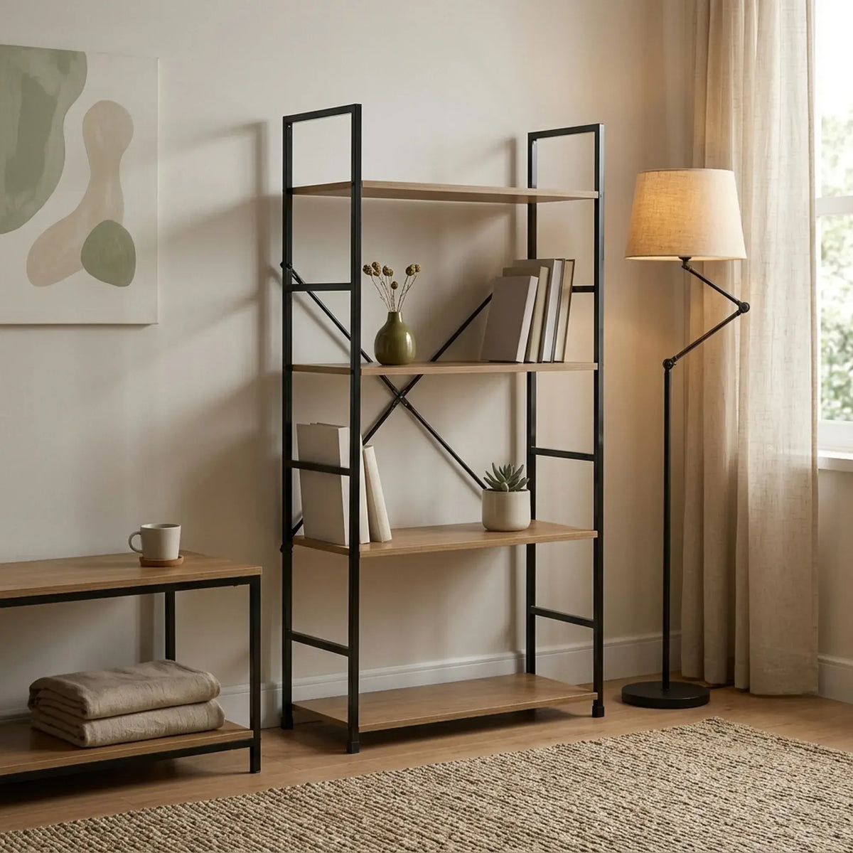 CARLA HOME 4 Tier Bookshelf - Industrial Display Shelf - Brown - Rustic - Steel - Living Room Office - Image 7