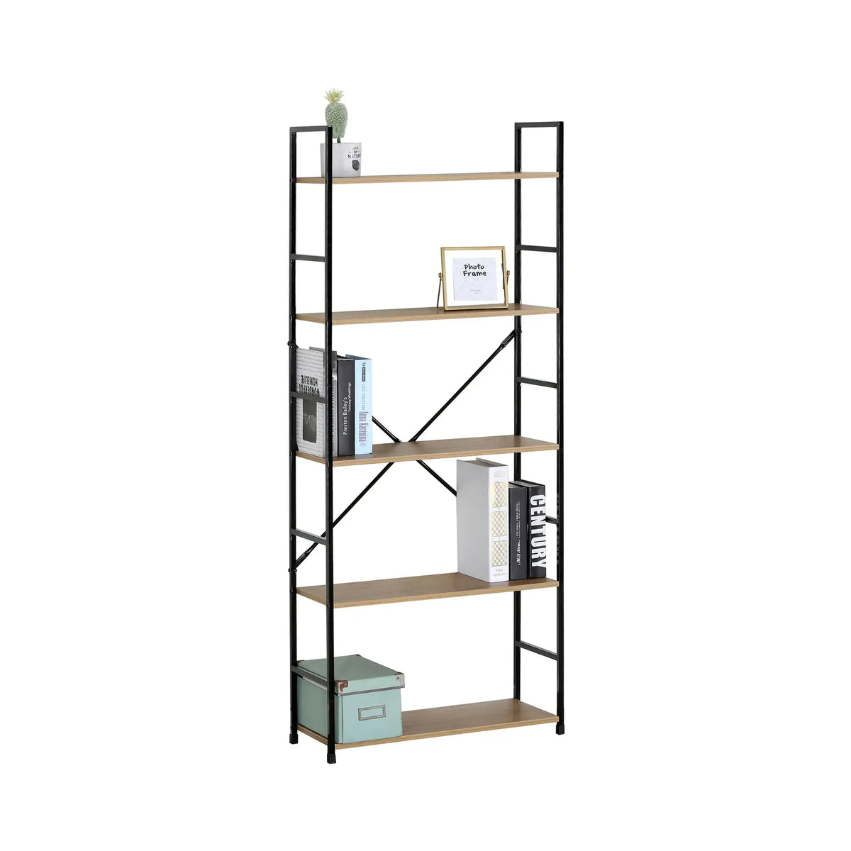 CARLA HOME 5 Tier Bookshelf - Industrial Display Shelf - Brown - Rustic - Steel - Living Room Office