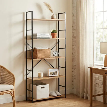 CARLA HOME 5 Tier Bookshelf - Industrial Display Shelf - Brown - Rustic - Steel - Living Room Office - Image 2