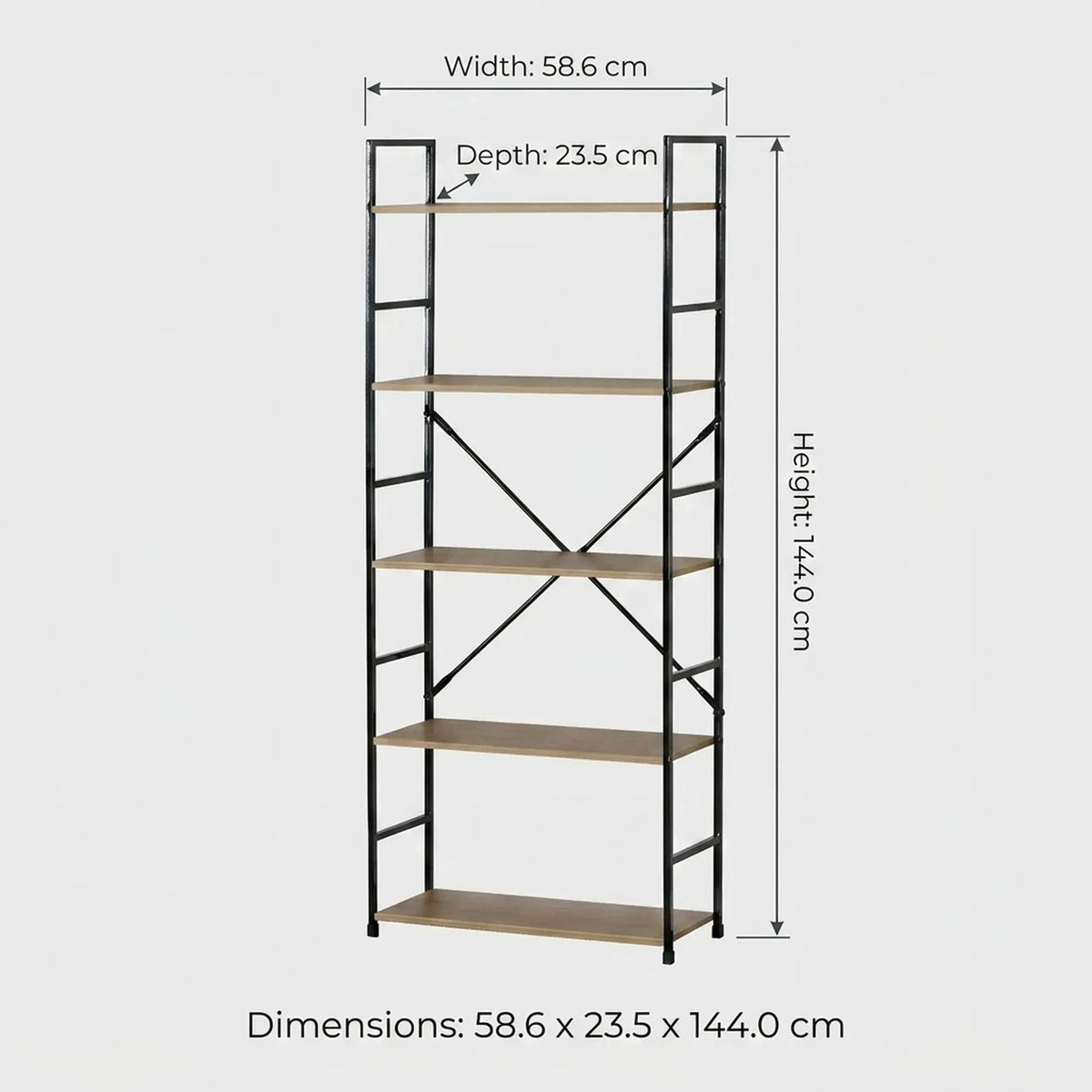 CARLA HOME 5 Tier Bookshelf - Industrial Display Shelf - Brown - Rustic - Steel - Living Room Office - Image 3