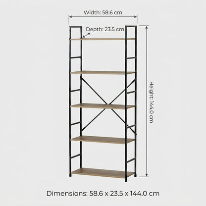 CARLA HOME 5 Tier Bookshelf - Industrial Display Shelf - Brown - Rustic - Steel - Living Room Office - Image 3