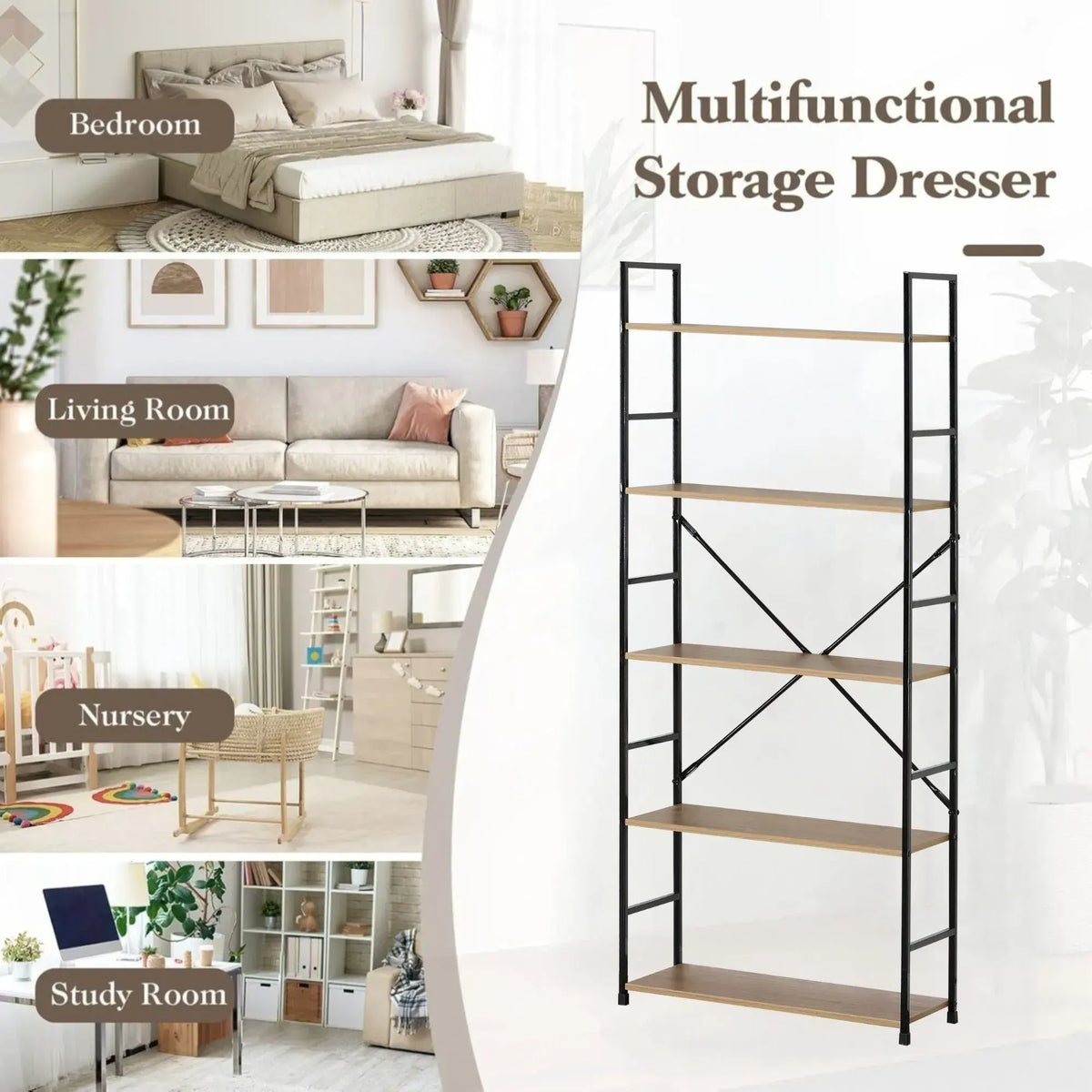 CARLA HOME 5 Tier Bookshelf - Industrial Display Shelf - Brown - Rustic - Steel - Living Room Office - Image 4