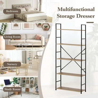 CARLA HOME 5 Tier Bookshelf - Industrial Display Shelf - Brown - Rustic - Steel - Living Room Office - Image 4