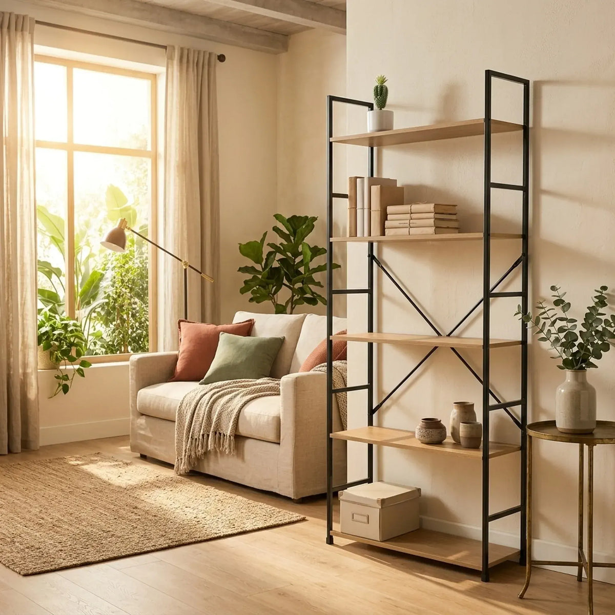 CARLA HOME 5 Tier Bookshelf - Industrial Display Shelf - Brown - Rustic - Steel - Living Room Office - Image 5