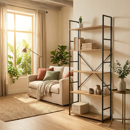 CARLA HOME 5 Tier Bookshelf - Industrial Display Shelf - Brown - Rustic - Steel - Living Room Office - Image 5