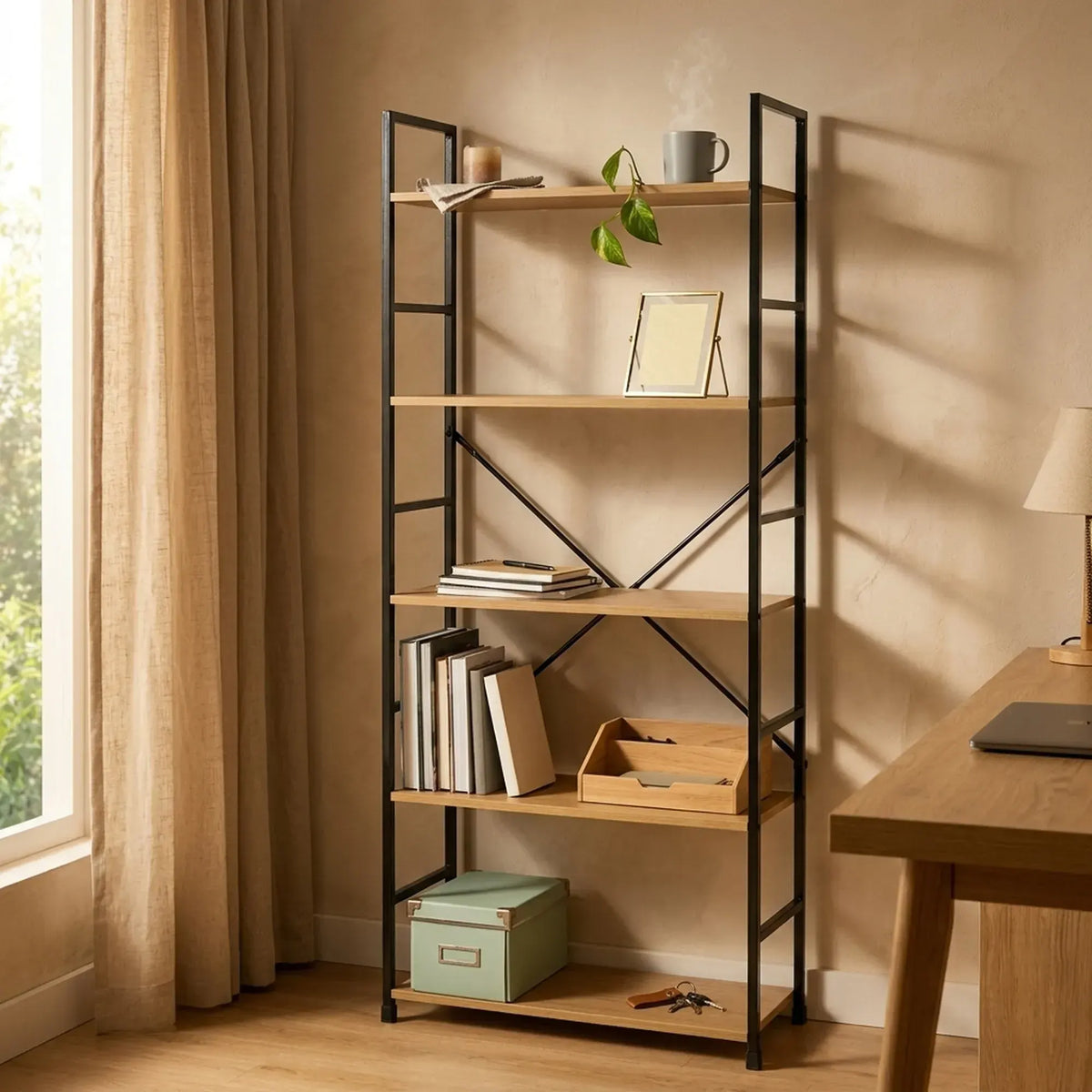 CARLA HOME 5 Tier Bookshelf - Industrial Display Shelf - Brown - Rustic - Steel - Living Room Office - Image 6