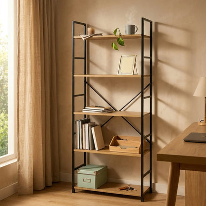 CARLA HOME 5 Tier Bookshelf - Industrial Display Shelf - Brown - Rustic - Steel - Living Room Office - Image 6