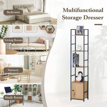 CARLA HOME 5 Tier Bookshelf with Cabinet - Brown - Storage Cabinet - Rustic - Steel - Image 4