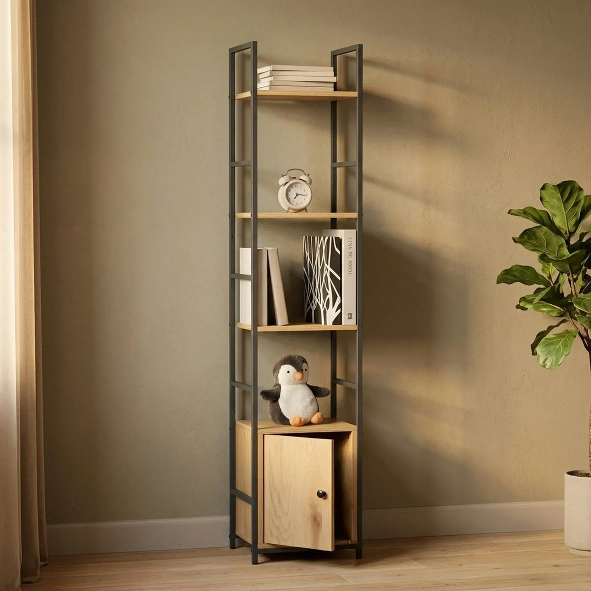 CARLA HOME 5 Tier Bookshelf with Cabinet - Brown - Storage Cabinet - Rustic - Steel - Image 5