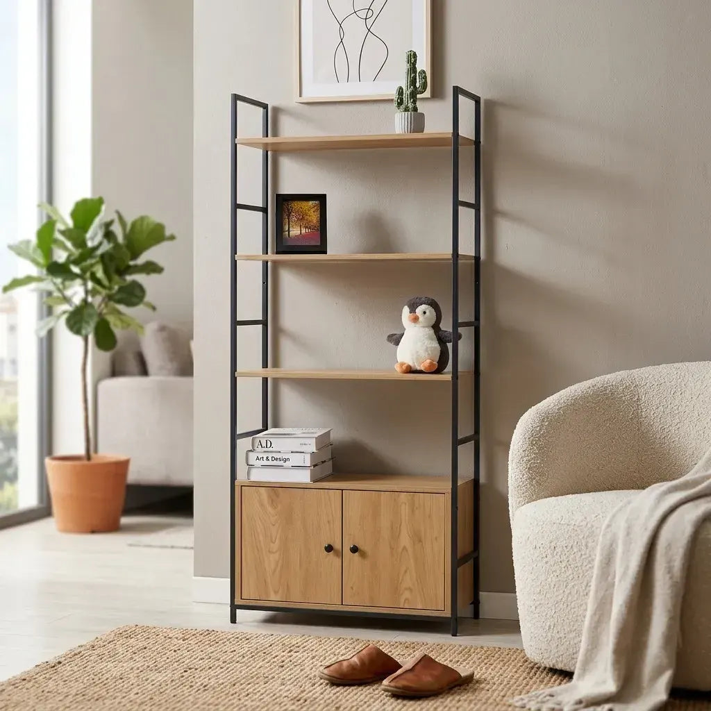 CARLA HOME Bookcase with Cabinet - 4 - Shelf Storage - Oak - Brown - Storage Cabinet - Image 2