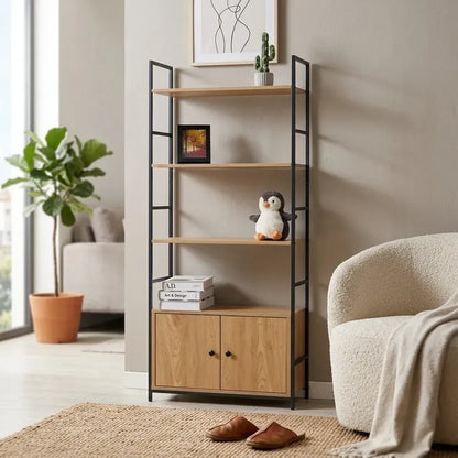 CARLA HOME Bookcase with Cabinet - 4 - Shelf Storage - Oak - Brown - Storage Cabinet - Image 2
